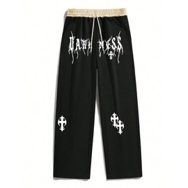 ZAFUL Mens Y2K Cross Letter Graphic Goth Sweat Pants Drawstring Wide Leg Casual Sweatpants for Men Unisex Streetwear Black&White S