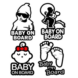 TOTOMO 4pc Baby on Board Sticker Set for Cars Funny Cute Safety Caution Decal Sign for Car Window and Bumper No Need for Magnet or Suction Cup
