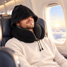 Hooded Travel Neck Pillow for Airplane & Car – U-Shaped Memory Foam Cushion with Detachable Cover for Office, Home & Trips