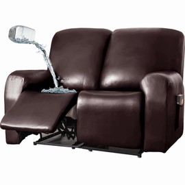 JOKIVTOU 1/2/3 Seats PU Leather Stretch Recliner Cover Sofa Cover with Side Pockets Waterproof Slipcover Recliner Couch Cover Furniture Protector with Elastic Bottom Living Room