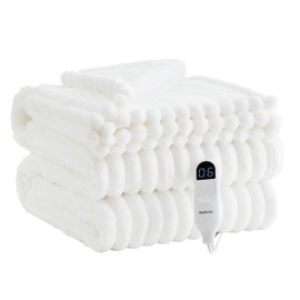 Bedsure Electric Blanket Twin - Thick Striped Flannel Electric Blanket, Heating Blanket with 10 Time Settings, 6 Heat Settings, and 8-Hour Timer Auto Shut Off (62x84 inches, White)