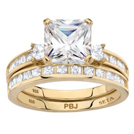 PalmBeach Yellow Gold-Plated or Platinum-Plated Sterling Silver Princess Cut Cubic Zirconia Bridal Ring Set Size 9