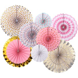 Bestage 8 Pcs Decoration Hanging Party Gold Pink Paper Fans Set for Birthday Wedding Graduation Events Accessories