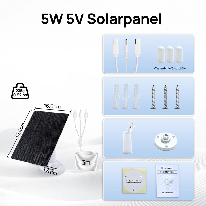 ECO-WORTHY 5W Solar Panel for Outdoor Surveillance Camera, 5V BC