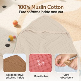 MIGIOL Muslin Hooded Baby Towels 100% Cotton ，Super Soft Muslin Baby Bath Towel - 32 x 32 Inches, Suitable for Newborn and Young Children up to 3 Years Old. (Beige & Coffee)
