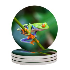 Round Drinks Absorbent Ceramic Stone Drink Coaster (4-Piece Set) with Ceramic Stone and Cork Base for Kinds of Mugs, Cups and Tabletop Protection (Red Eyed Tree Frog)