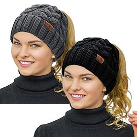 Rosoz Ponytail Beanie for Women,Winter Warm Beanie Tail Soft Stretch Cable Knit Messy High Bun Hat (2pack-Black/Grey)