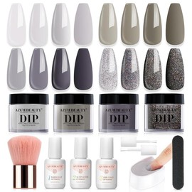 AZUREBEAUTY Dip Powder Nail kits Starter, Nude Pink Glitter Neutral Skin Transparent, 4 pcs Dipping Powder Set All Seasons, French Nail Art 12 PCS - Color: Glitter Gray