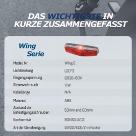 ADDVIEW Rear Light E-Bike with Brake Light Function Wing E - 3 LED, 6-60V DC, StVZO & ECE Approved, Z Reflector, IP65 Waterproof, Pannier Rack Mounting 50 mm/80 mm, for Pedelec & E-Bike