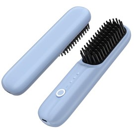 Cordless Hair Straightener Brush, Portable Straightening Brush for Women, Mini Negative Ion Hot Comb for Travel, 30Mins Auto-Off, USB Rechargeable, Fast Heating 3 Temperature Settings(Blue)