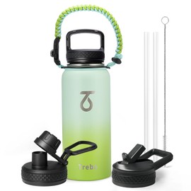 Trebo 32 oz Water Bottle Insulated with Lid and Straw, Double Wall Vacuum Stainless Steel Thermos Sports Flask with Paracord Handle, Keep Hot 24 Hours & Cold 48 Hours Water Cup with 3 Lids, Dark Green
