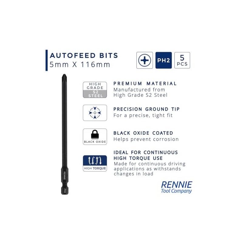 5 x Rennie Tools 116mm Long PH2 Compatible with Hilti