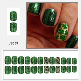 St. Patrick's Day Press on Nails Short Square Fake Nails Shamrock Designs Green Glitter Full Cover False Nails Acrylic Stick on Nails Reusable Artificial Nails for Women Glue on Nails 24 Pcs