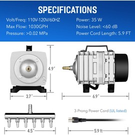 Simple Deluxe 1030 GPH Air Pump 35W 65L/min 6 Adjustable Air Flow Outlets with 25 Feet Airline Tubing for Aquarium, Pond, Hydroponics Systems, Silver