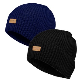 OUTDOOR SHAPING Ribbed Cuff Wool Knit Beanie Cap Winter Hat for Men Women 2 Pack, One Size, Black+ Navy
