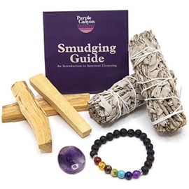 Palo Santo and Sage Smudge Kit | White Sage Smudge Sticks, Chakra Balancing Bracelet and Amethyst Stone | California Sage Incense Sticks for Home Cleansing, Spiritual Smudging Rituals and Meditation