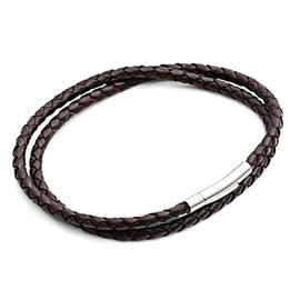 Tribal Steel Men's Brown Slimline Double Wrap Bracelet - Men's 21cm Plaited Leather Bracelet with Stainless Steel Rocker Clasp
