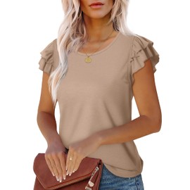 WEESO Womens Summer Tops 2025 Crew Neck Flowy Ruffle T Shirts Solid Color Workout Top Cute Going Out Shirts Sleeveless Knit Ribbed Tee Solid Color Business Khaki Large