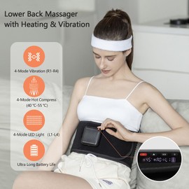 Emicool Lower Back Massager Belt with Four Modes Heating & Massage & Red Light, Ergonomic Support Massage Belt with Timer, Portable Cordless Heating Pad for Back Relieve Pain, Battery-Powered