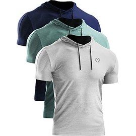 NELEUS Men's 3 Pack Dry Fit Running Shirt Workout Athletic Shirt with Hoods,Navy Blue,Light Green,Grey,US XL,EU 2XL