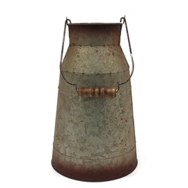 CVHOMEDECO. 10 Inch Galvanized Metal Milk Can with Wooden Handle, Old Rustic Farmhouse Pitcher Jug Vase for Home and Garden Décor.