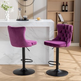 Swivel Bar Stools Set of 2, Counter Height Bar Stools with Metal Base, Upholstered High Chair with Nailhead Trim Button Tufted Back for Kitchen Island Dining Room, Purple
