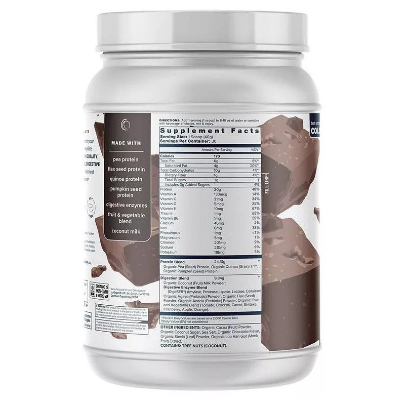Organifi Complete Protein Chocolate Flavor- Organic Vegan Plant Based- 30