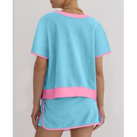 SELINK Lounge Sets for Women 2 Piece Skirt Colorblock Drop Shoulder T Shirt and Skort Set Summer Tracksuits Blue-M