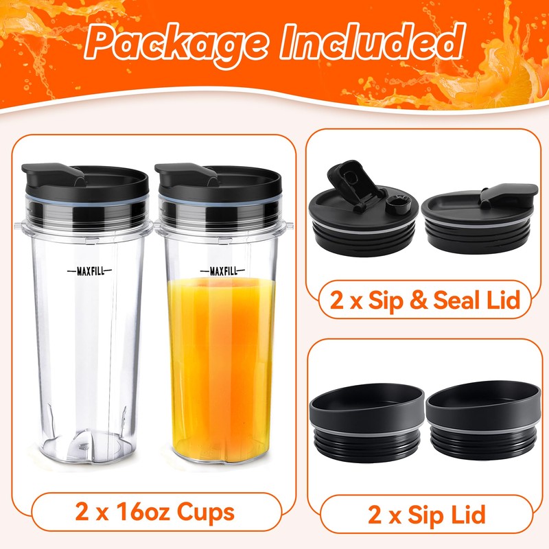 2Pcs Replacement 16oz Blender Cups for Ninja, Single Serve Blender