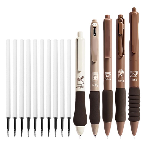 5 Coffee Style Stylus Pens, 10 Refills, Click Gel Pen