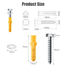 10 Pcs M10 Wall Plug Screw Set, Heavy Duty Masonry Concrete Brick Wall Plugs, Strong Wall Plug Steel Bolt KIt with Washer Zinc Wall Fixing Anchor Bolts for TV Bracket Aerial Satellite Fence Shelves