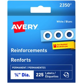 Avery Hole Reinforcements Dispenser, White, 1/4" Diameter, Box of 225 Page Reinforcement Labels (2350)
