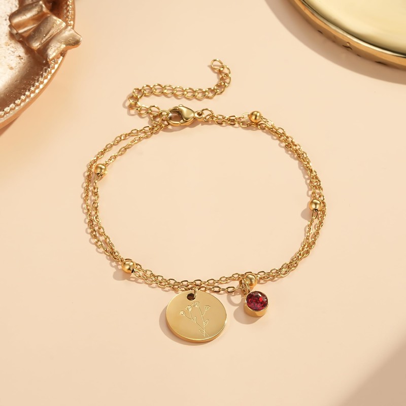 YeGieonr Birth Flower Double Layer Bracelet for Women, Stainless Steel