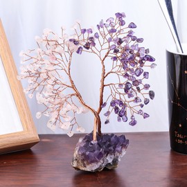 rockcloud Crystal Money Tree with Amethyst Base, Intertwined Tree of Life Decor Copper Wire Ornament for Home Office Table, Rose Quartz & Amethyst