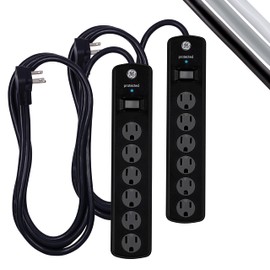 GE Surge Protector Power Strip, 8 Ft Extension Cord, 6 Outlet Extender, 800 Joules, Flat Plug, Twist-to-Close Safety Covers, UL Listed, Black, 2 Pack, 54643