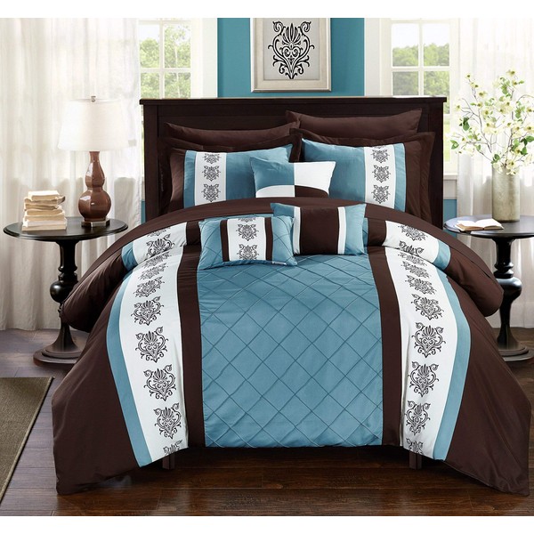 Chic Home - CS1637-AN Clayton 10 Comforter Pintuck Pieced Block Embroidery Bed in a Bag with Sheet Set Blue, King, Brown