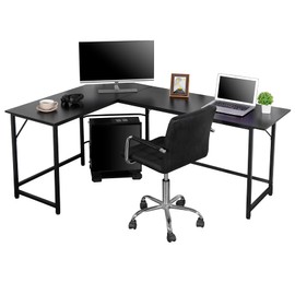Saicool Modern L-Shaped Home Office Gaming Desk PC Table Writing Desk with CPU Stand Sturdy Writing Workstation Space-Saving, Easy to Assemble for Office, Dormitory, Study, Living Room (Black)