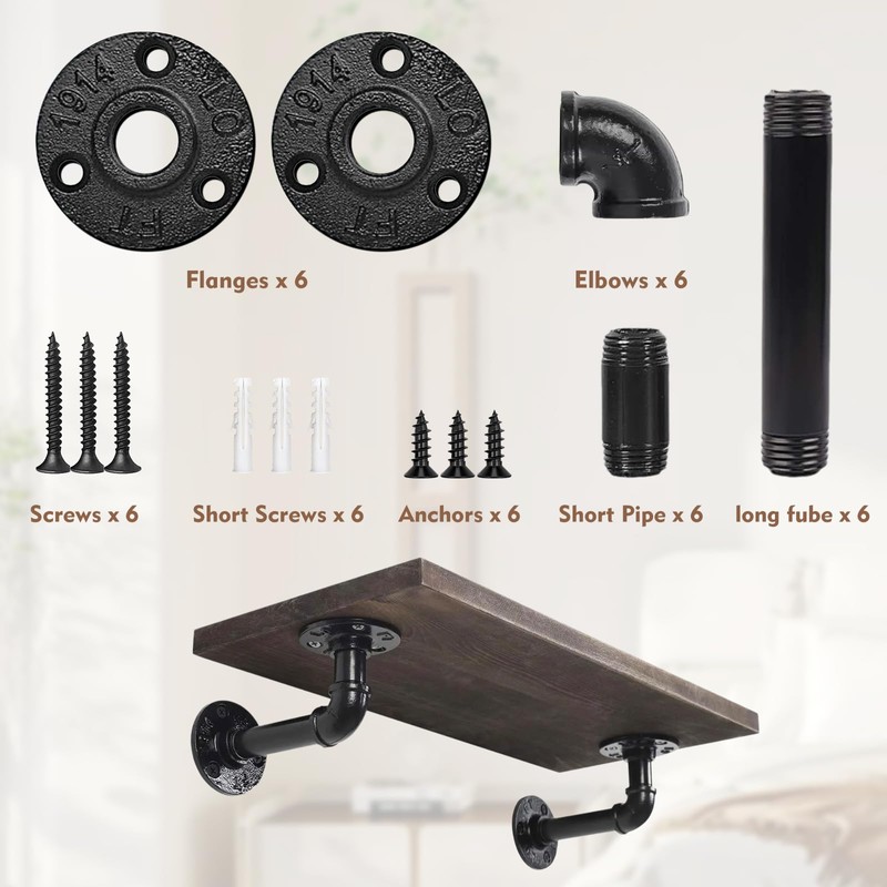 HRXMS 6 Pack Industrial Pipe Shelf Brackets, Black Iron for