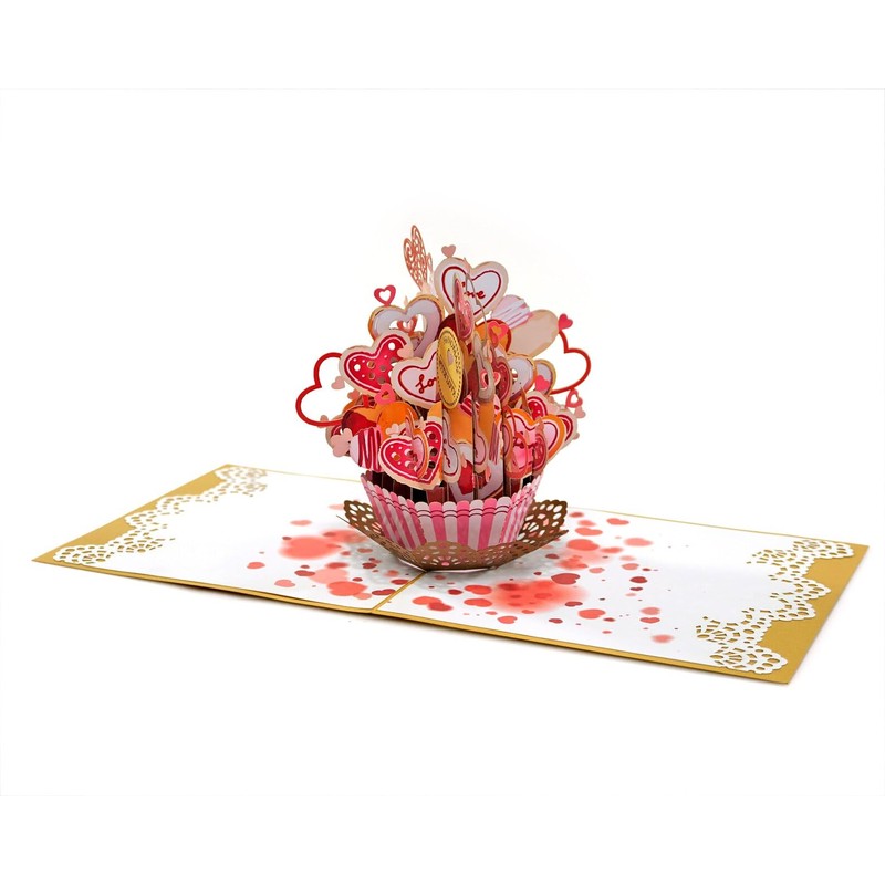 Love Heart Cupcake Pop Up 3D Card. Romantic valentines greeting