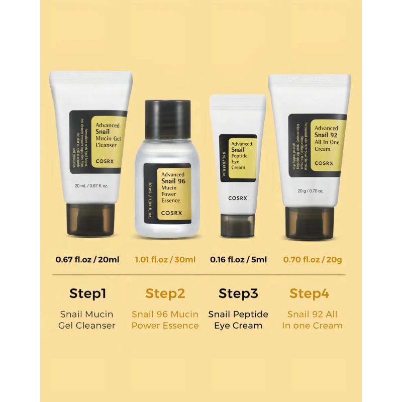 Cosrx All Snail Skincare Kit Pasos Viaje Limpia Hidrata Repara
