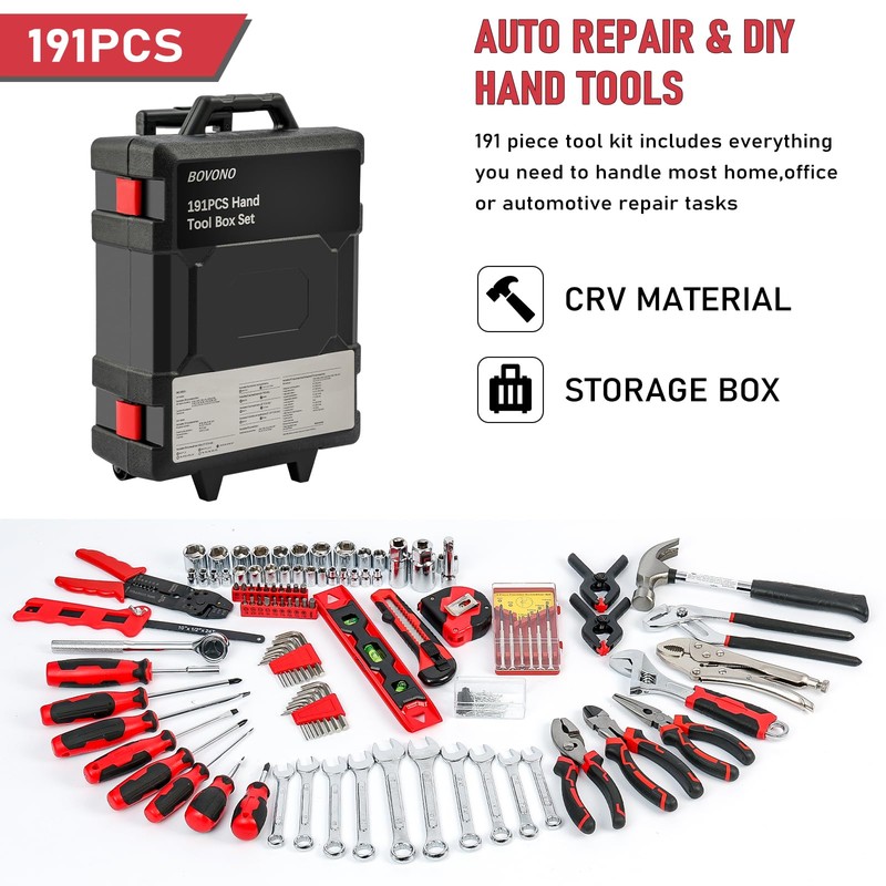 BOVONO 191 PCS Tool Sets for Men, Home Tool Kit