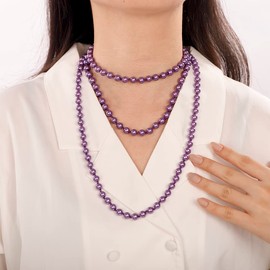 Wiwpar Long Pearl Necklace Faux Pearl Strand Layered Necklace 1920s Gatsby Costume Jewelry Vintage Multi Strands Purple Pearl Necklace for Party(purple)