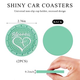 KVAEY 2 PCS Car Cup Holder Coaster, 2.76 Inch Anti Slip Vehicle Drink Mat with Cute Blessed Cross and Heart, Shockproof Cup Holder Coaster for Most Cars, Universal Car Accessories (Light Green)