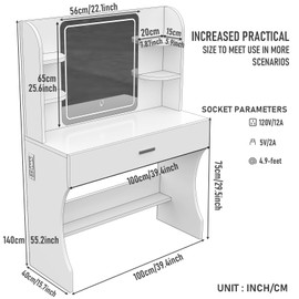 CFTEL Vanity Desk, Makeup Vanity with Mirror and Lights, White Makeup Vanity Table with Big Drawer, Power Outlet, Stronger Links, for Bedroom, Dressing Room