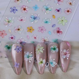 Nail Stickers,Colorful Nail Art Stickers for Nails Press on,3D Bloom Flowers Decals for Spring Nails, French Decals Supplies and Design Sticky tabs Tools for Women, 2 Sheets