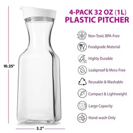 DilaBee Plastic Water Pitcher With Lid - Square Carafe Pitchers for Drinks, Milk, Smoothie, Iced Tea, Mimosa Bar Supplies - BPA-Free - NOT DISHWASHER SAFE (4-Pack, 32 Ounce)