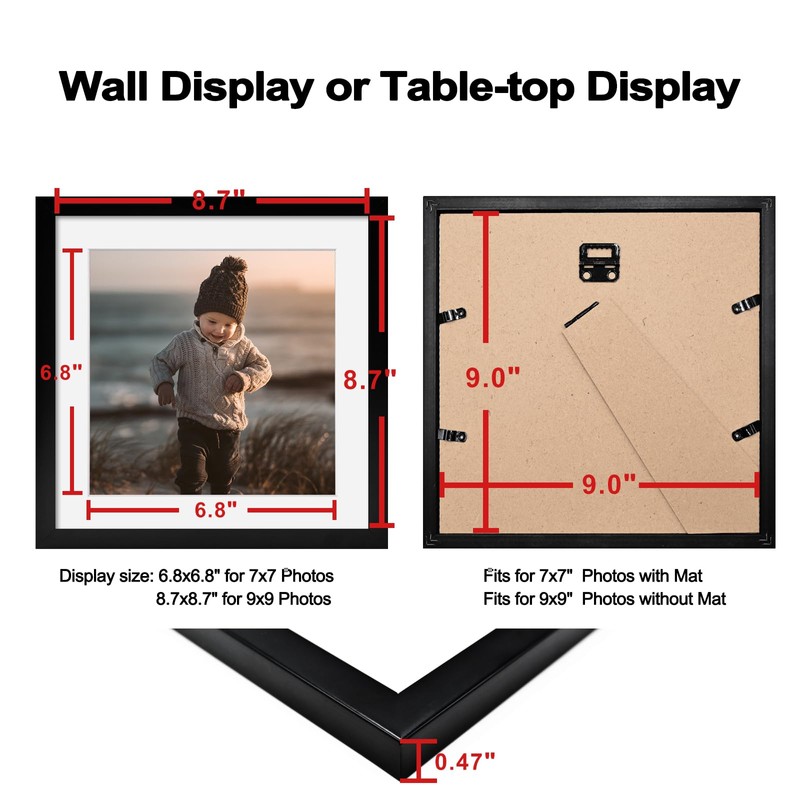 KINLINK 9x9 Picture Frame Black Set of 4, Wooden Square