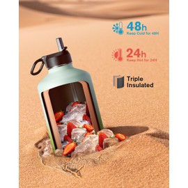 Coolflask 128 oz Gallon Water Bottle Insulated with Straw&3 Lids, Water Jug Large Stainless Steel Metal Vacuum Wide Mouth for Sports, Gym or Office, Non-BPA Keep Cold 48H Hot 24H, Ombre Green
