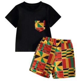 Mubineo Toddler Boy Girl Summer Dashiki Clothes African Print Outfits Kids Kente T Shirts Shorts Set (Black Yellow Red, 4 Years)