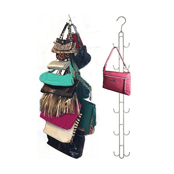 Over Door Hanging Purse Storage Organizer - Purse Hanger for Closet Heavy Duty Chrome, Holds 50lbs, ROTATES 360 for Easy Access; Purses, Handbags, Crossovers, Backpacks,12 Hooks